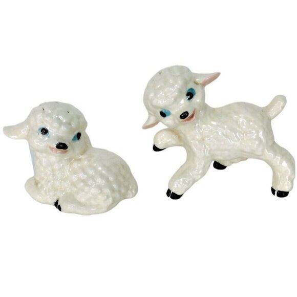 VTG 50s Porcelain Farmhouse Animals Lamb Figurines Big Blue Eyes Nursery Easter - Picture 3 of 12